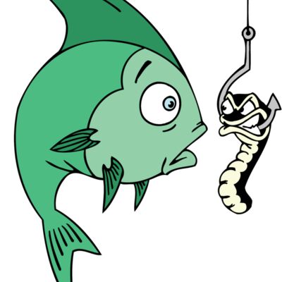 green fish staring at angry worm on fishing hook Thumbnail