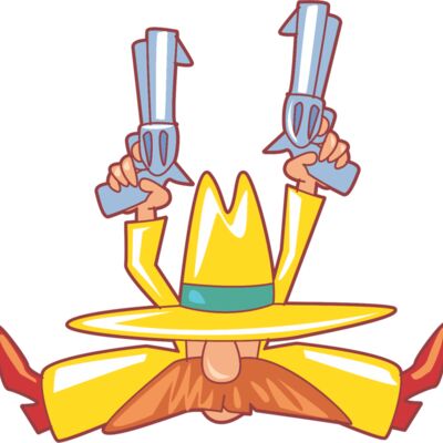 Yellow cartoon cowboy sitting doing splitz with two guns Thumbnail